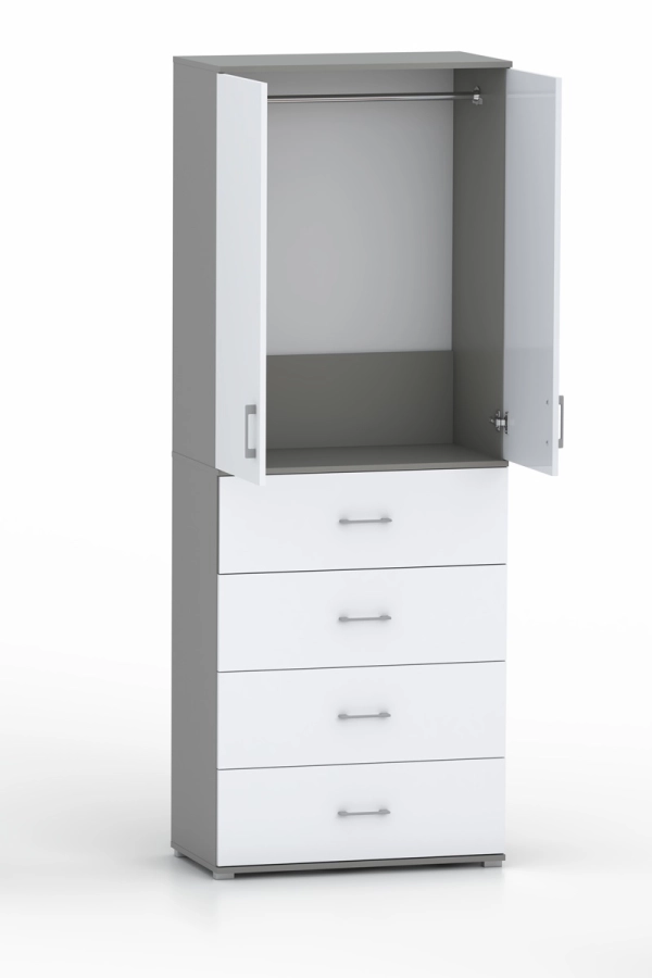 Szafa na ubrania z drążkiem Pola 215 - 4 szuflady 60 / 70 / 80 cm szara z białymi frontami